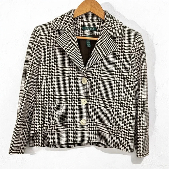 Lauren Ralph Lauren • Vtg Silk Blend Brown Houndstooth Blazer Jacket - Picture 1 of 7